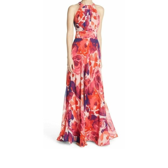 Eliza J Dresses & Skirts - Eliza J Sleeveless Halter Neck Floral Print Chiffon A-line Pleated Maxi Dress 12